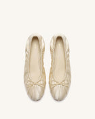 Elara Ruched Drawstring Satin Ballet Flats - Beige