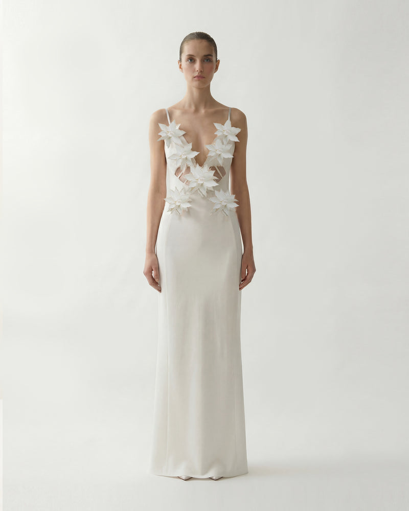 Floral Appliqué Maxi Dress - White