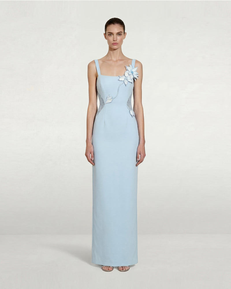 Floral Appliqué Lace Panel Maxi Dress - Light Blue