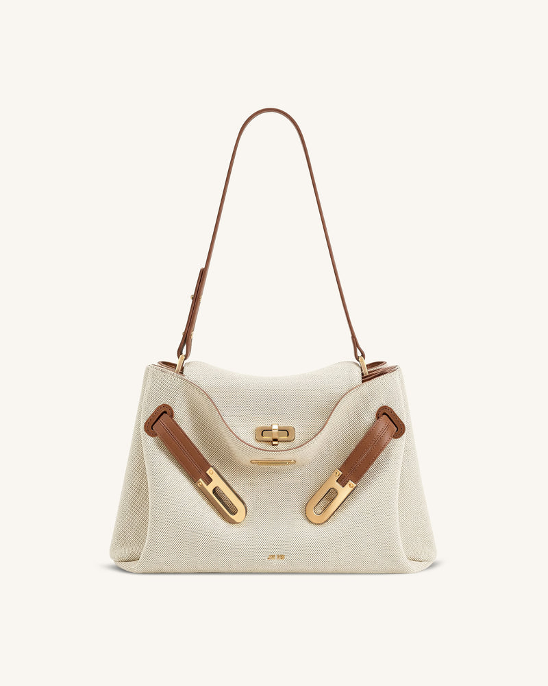 Rhea Double Buckle Shoulder Bag - Brown Canvas
