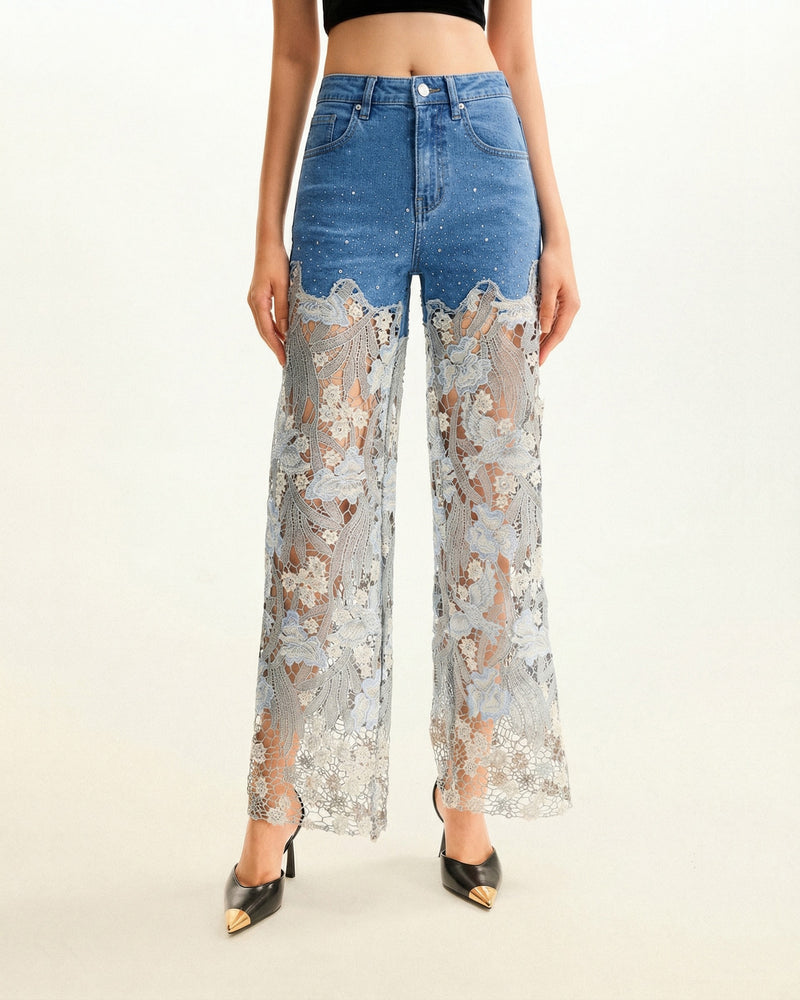 High-Rise Rhinestone Lace Wide-Leg Jeans - Medium Blue