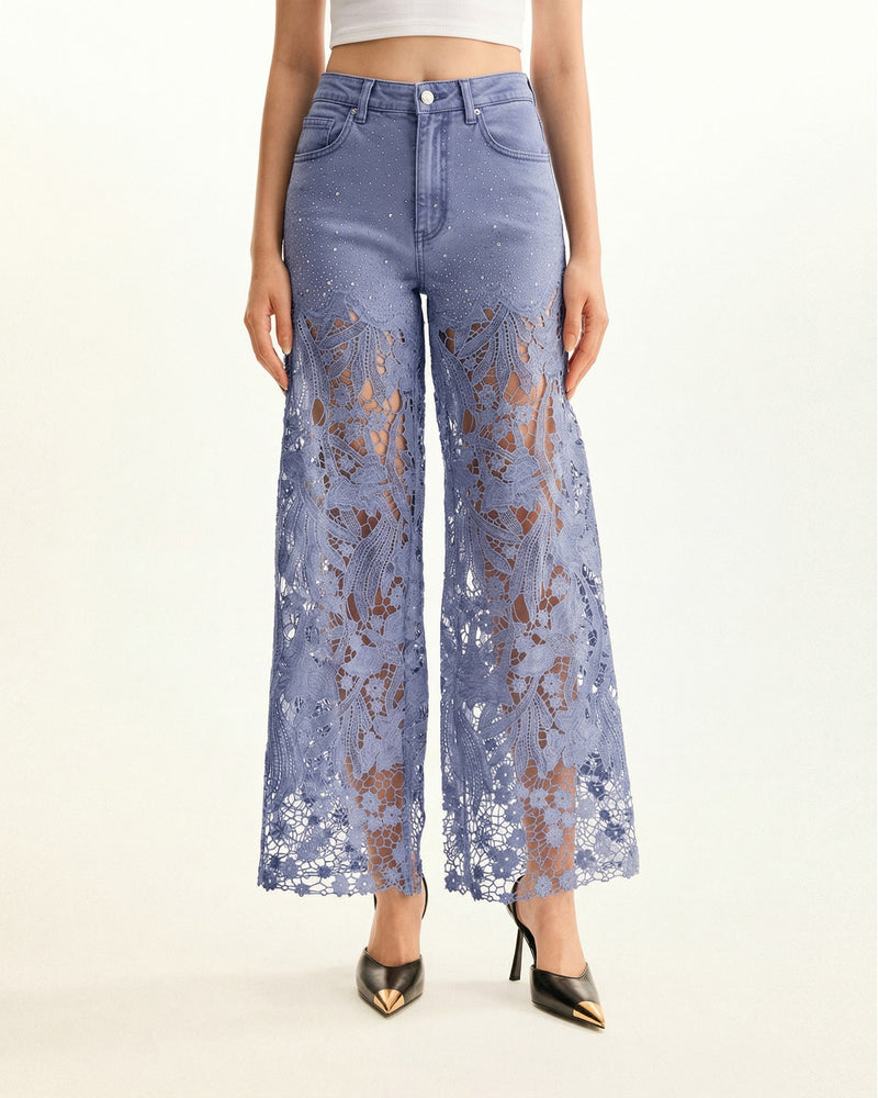 High-Rise Rhinestone Lace Wide-Leg Jeans - Hyacinth