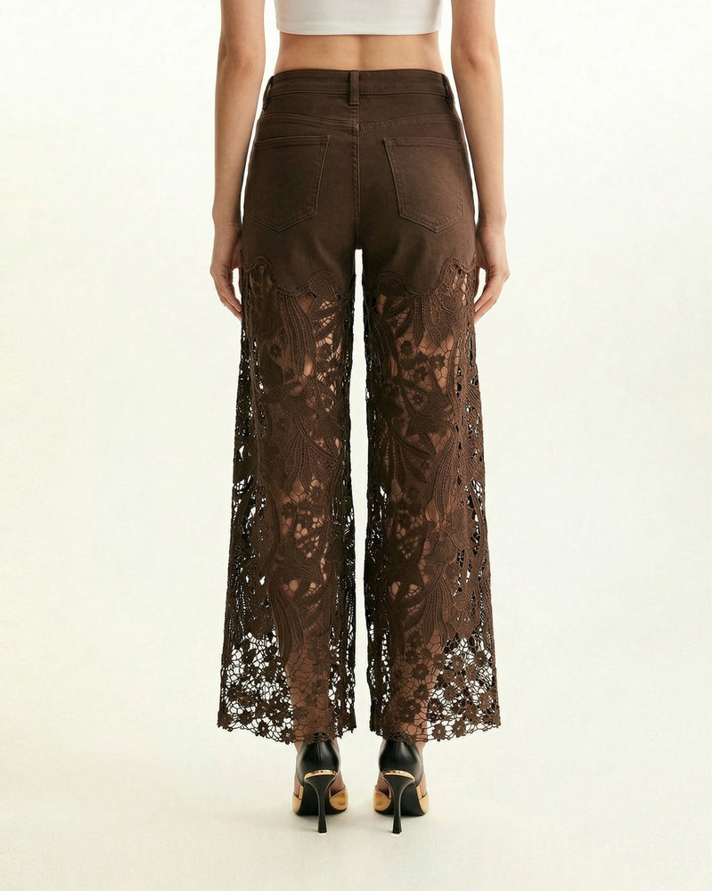 High-Rise Rhinestone Lace Wide-Leg Jeans - Coffee Color