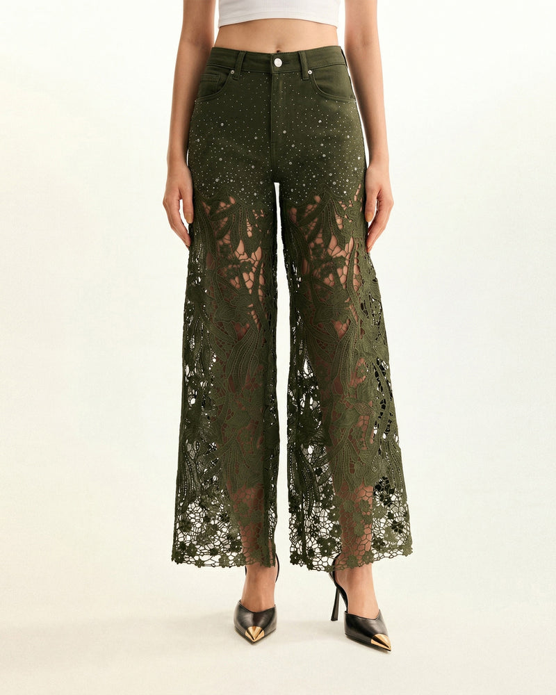 High-Rise Rhinestone Lace Wide-Leg Jeans - Army Green