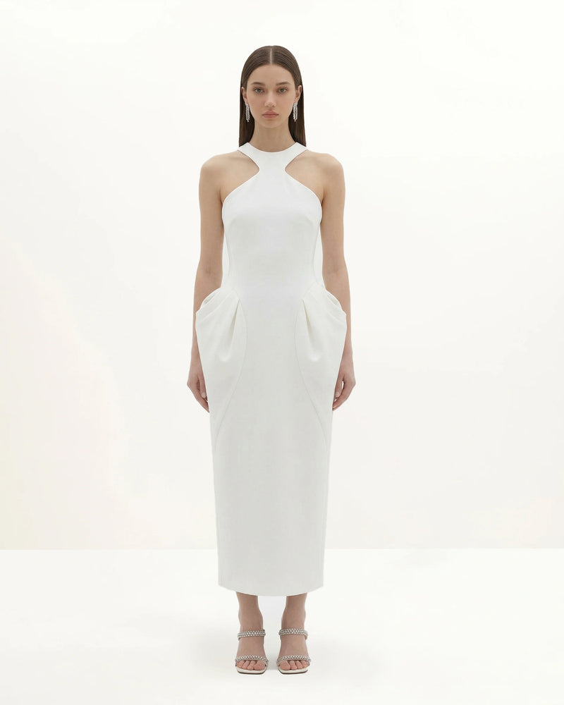 Halterneck Pannier Midi Dress - White