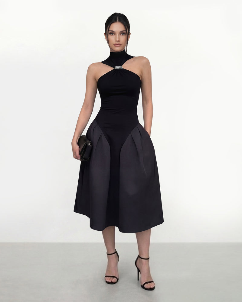 Halterneck Paneled Midi Dress - Black