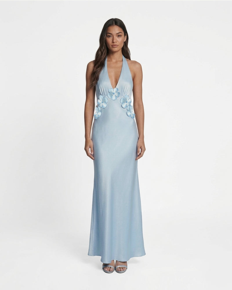 Floral Appliqué Halter Maxi Dress - Light Blue