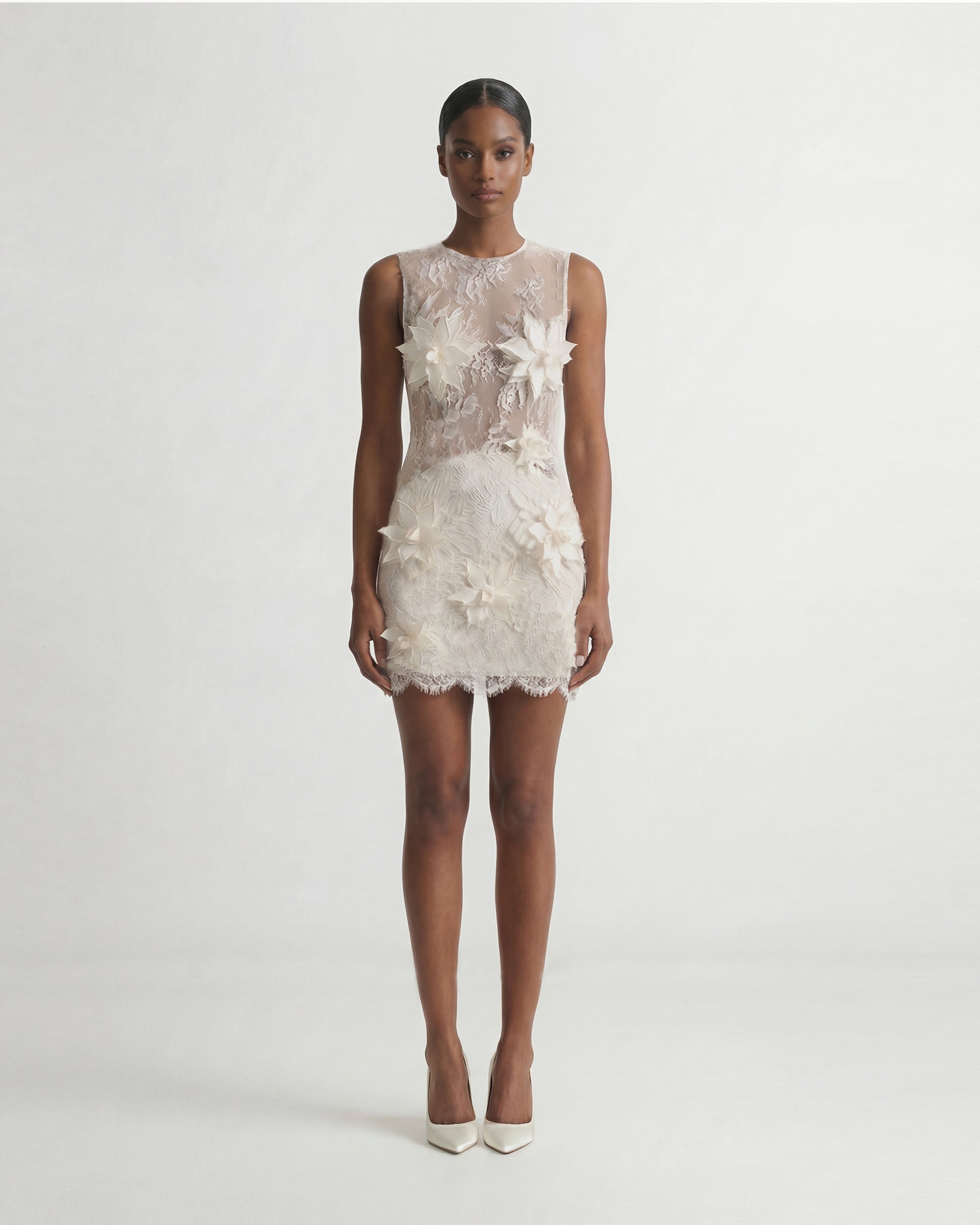Floral Appliqué Lace Mini Dress - White