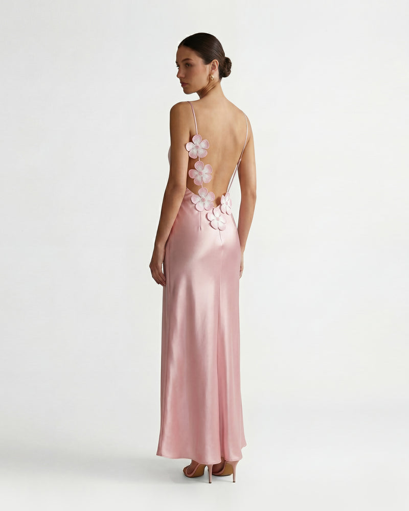 Floral Appliqué Satin Dress - Light Pink