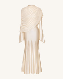 Sheer Shawl Ruched Bodycon Maxi Gown - Cream