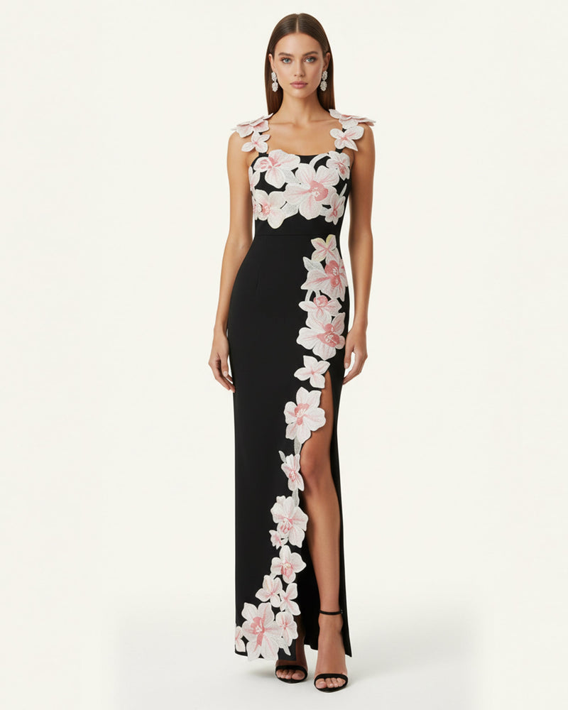 Flower Embroidered Dress - Black/Pink