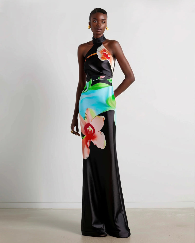 Floral Satin Halter Dress - Multicolor Black