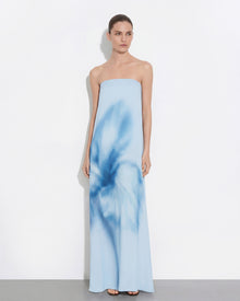 Watercolor Floral Print Strapless Maxi Dress - Blue