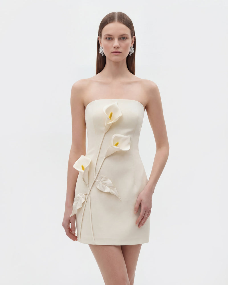 Strapless Floral Appliqué Dress - White