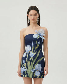 Floral Printed Mini Dress - Navy blue