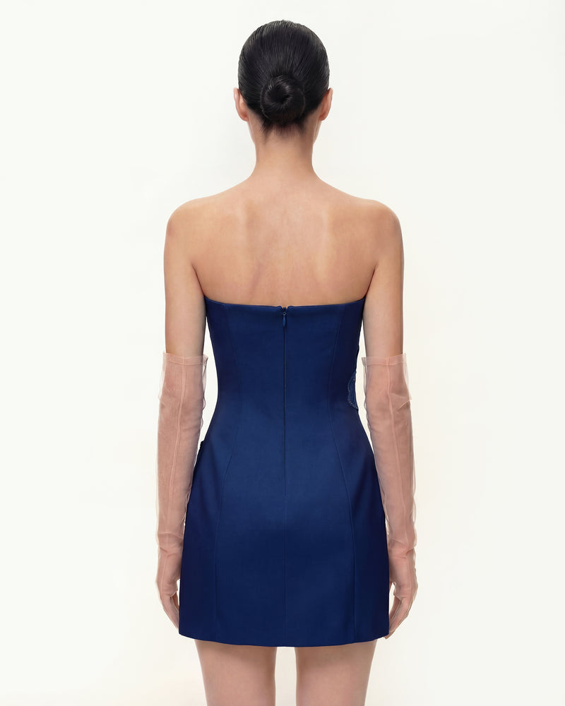 Iris Floral Print Strapless Dress – Navy blue