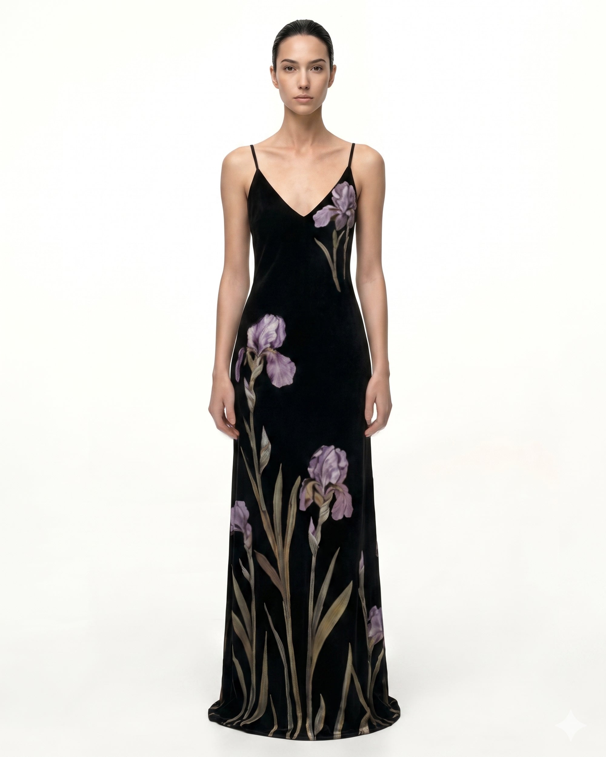 Iris Motif Satin Slip Gown - Black/Purple