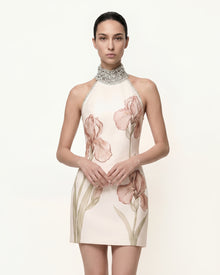 Jeweled Halter Iris Motif Dress - Ivory/Pink