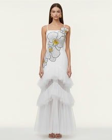 Orchid Embroidered Ruffled Tulle Strapless Maxi Dress - White