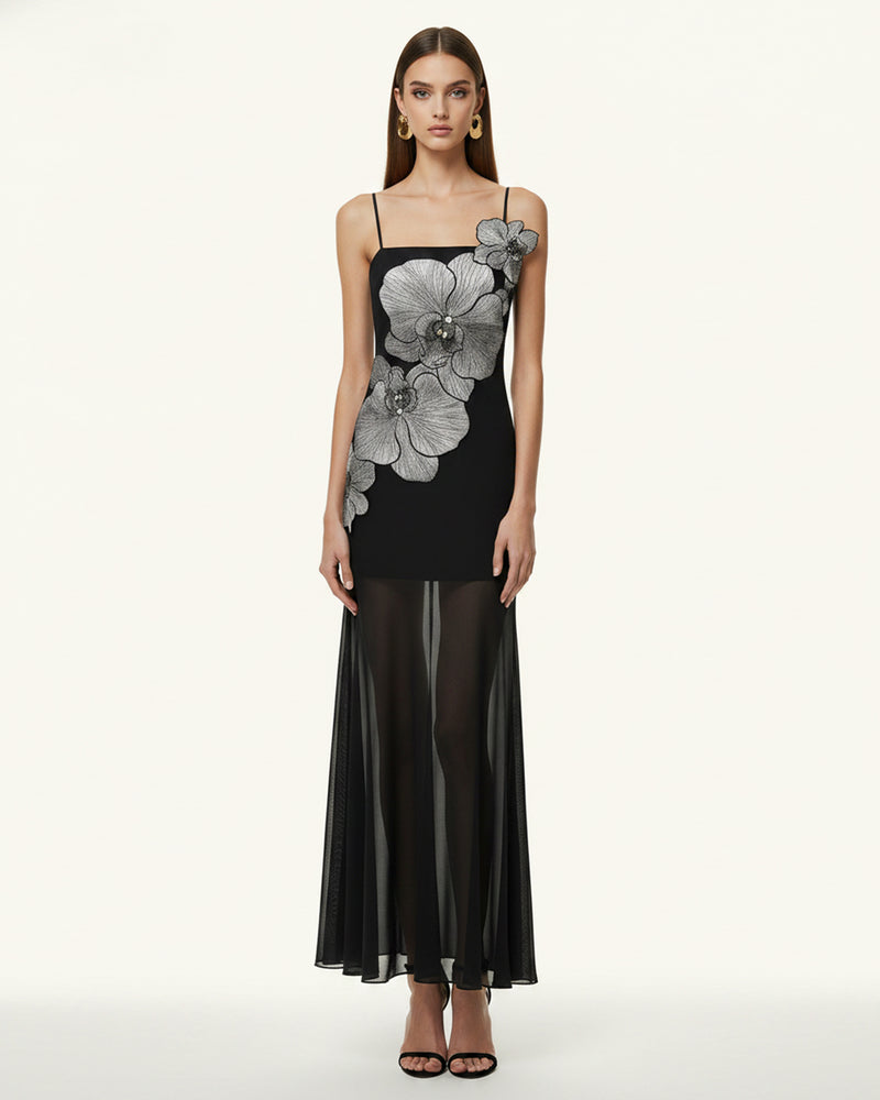 Orchid Embroidered Strappy Sheer Maxi Dress - Black