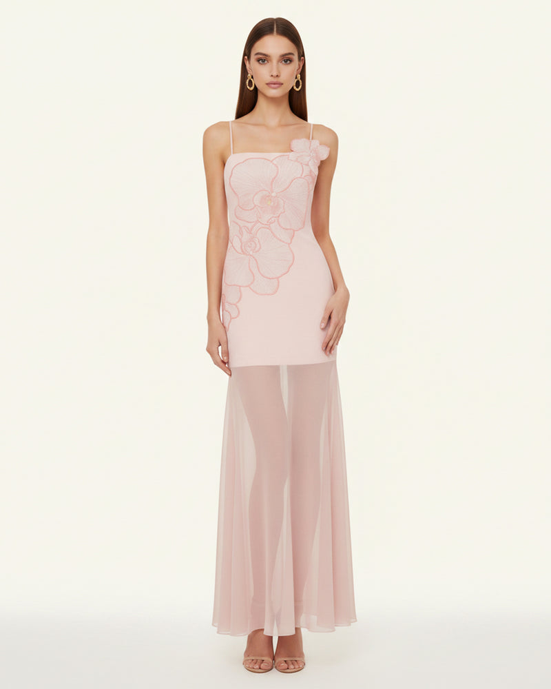 Orchid Embroidered Strappy Sheer Maxi Dress - Blush Pink