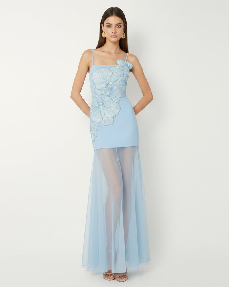 Orchid Embroidered Strappy Sheer Maxi Dress - Light Blue