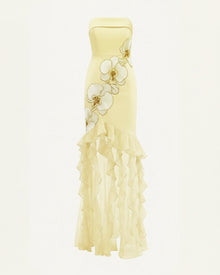 Orchid Embroidered Ruffled Strapless Maxi Dress - Pale Yellow