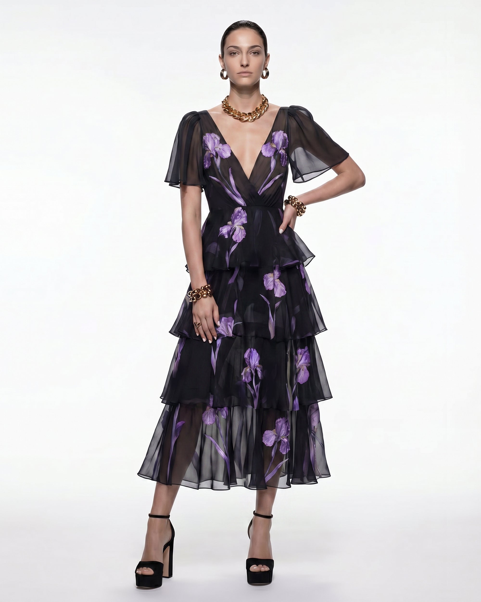 Iris Print Tiered Sheer Flutter Sleeve Midi Dress - Black/Purple