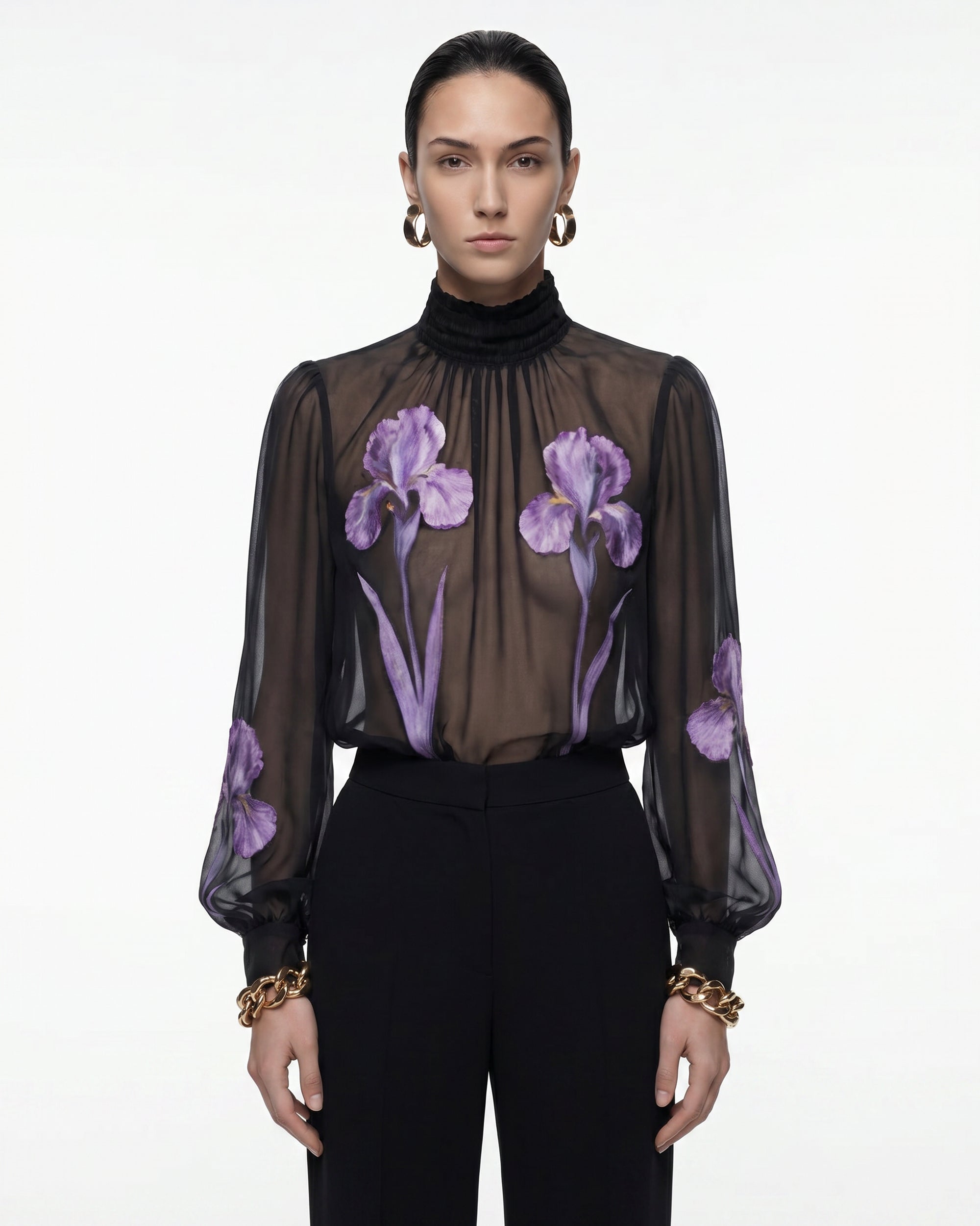 Iris Print Sheer High Neck Blouse - Black/Purple