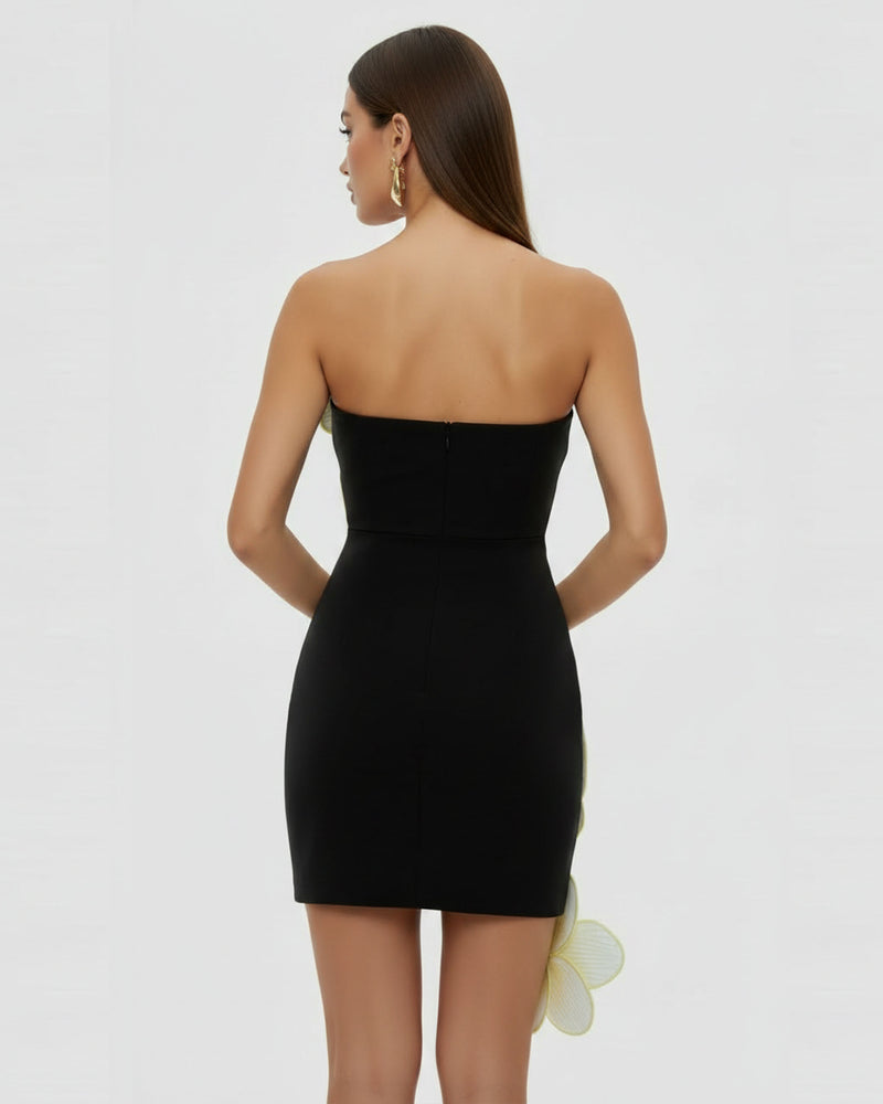 Orchid Embroidered Floral Appliqué Strapless Mini Dress - Black Yellow