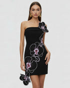 Orchid Embroidered Floral Appliqué Strapless Mini Dress - Black Purple