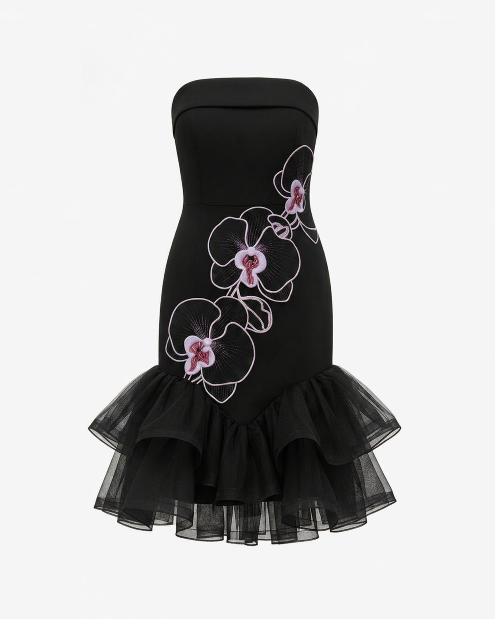 Orchid Embroidered Tulle Hem Strapless Mini Dress - Black Purple