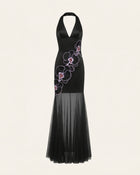 Orchid Embroidered Sheer Hem Halter Maxi Dress-  Black Purple