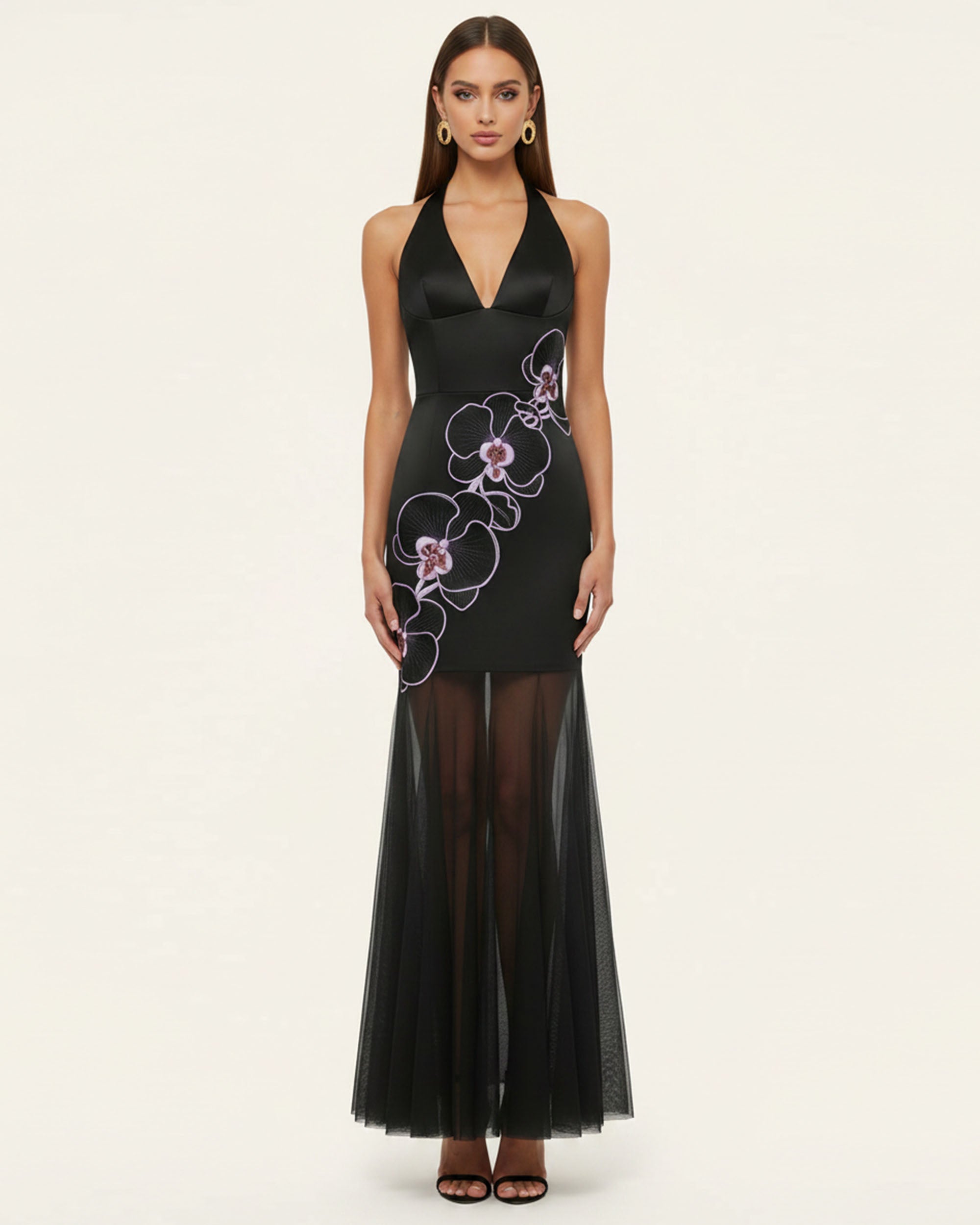 Orchid Embroidered Sheer Hem Halter Maxi Dress-  Black Purple