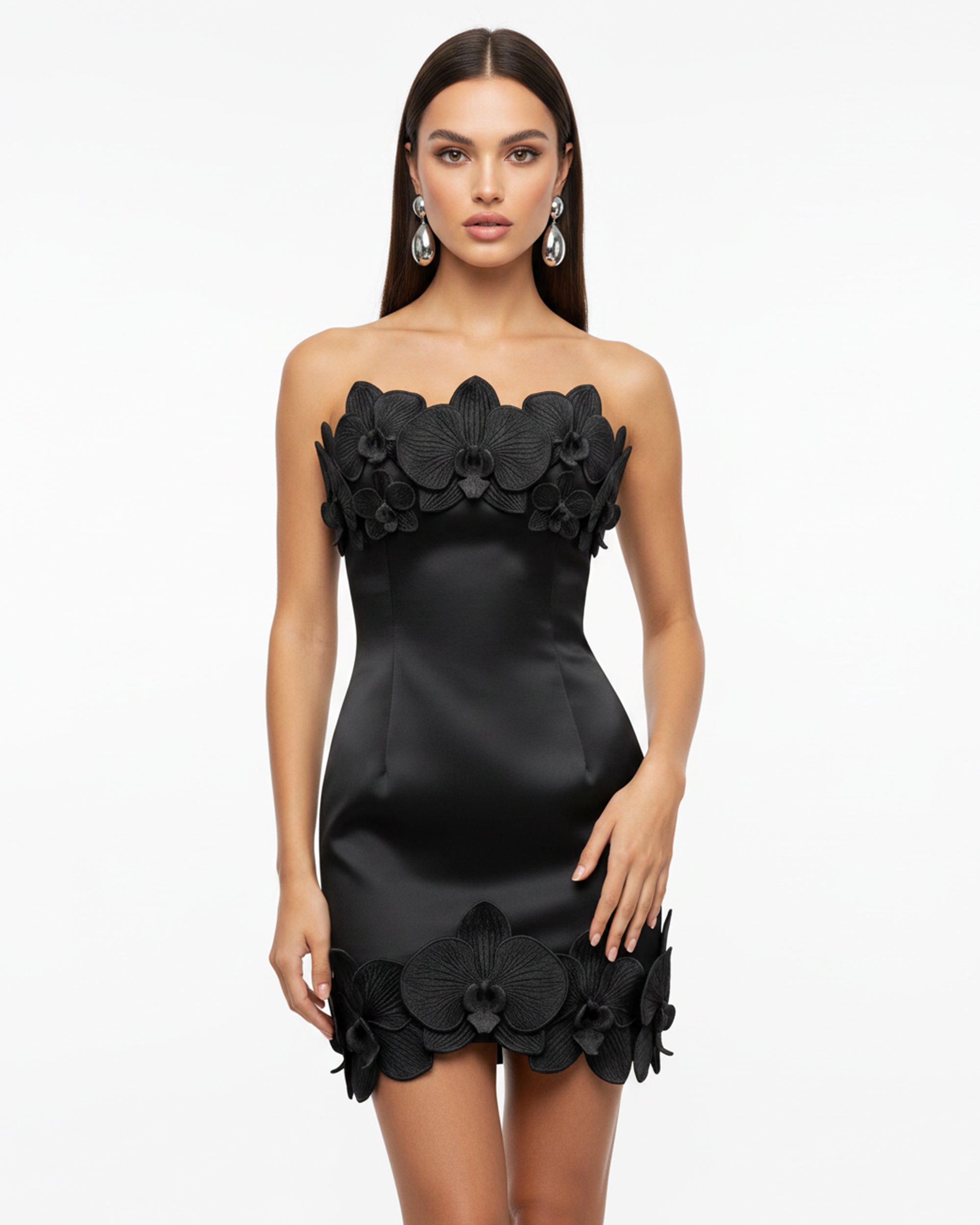 Orchid Trim Strapless Mini Dress - Black