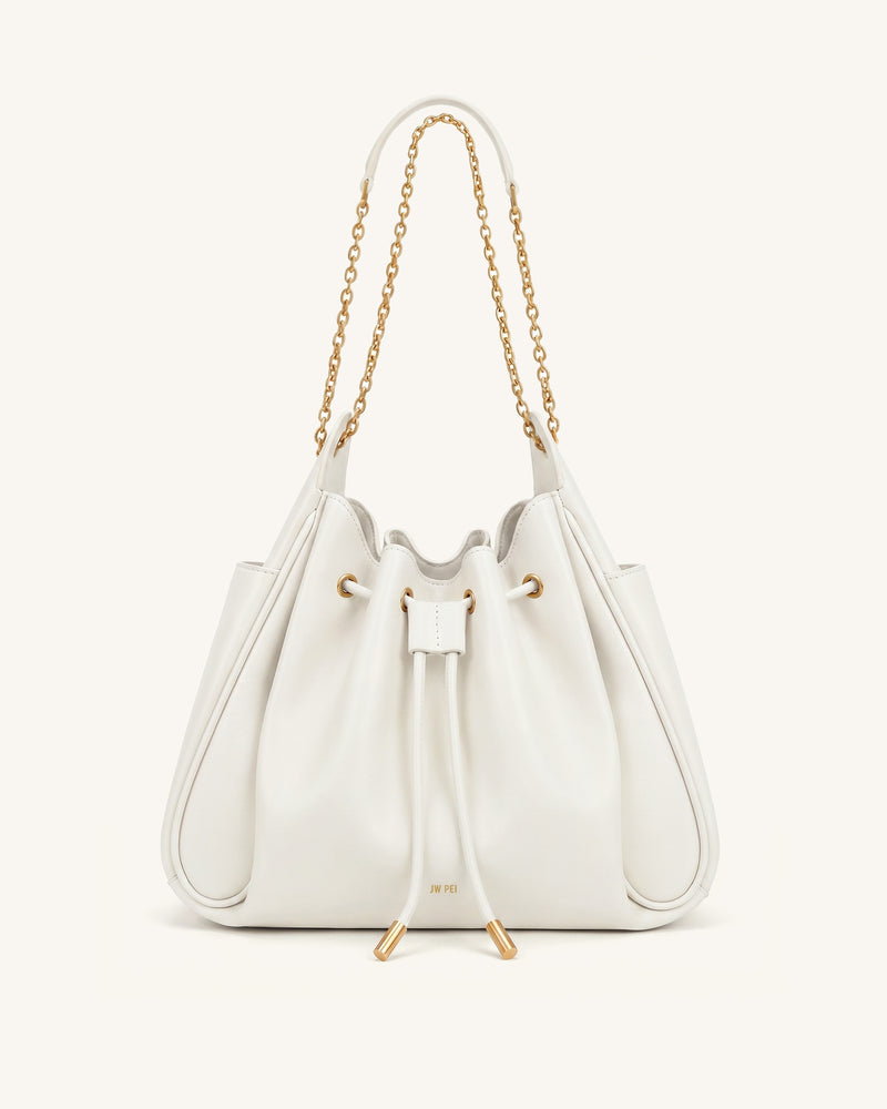 Rowan Ruched Drawstring Chain Bucket Bag - Ivory