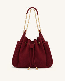 Rowan Faux Suede Quilted Chain Bucket Bag - Dark Red