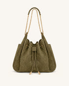 Rowan Faux Suede Quilted Chain Bucket Bag - Olive Green