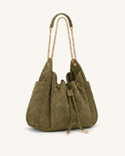 Rowan Faux Suede Quilted Chain Bucket Bag - Olive Green