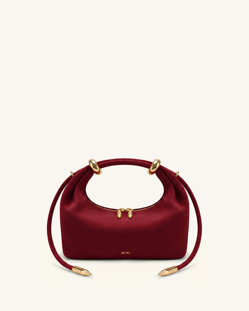 Ellie Faux Suede Metal Ring Embellished Top Handle Bag - Burgundy