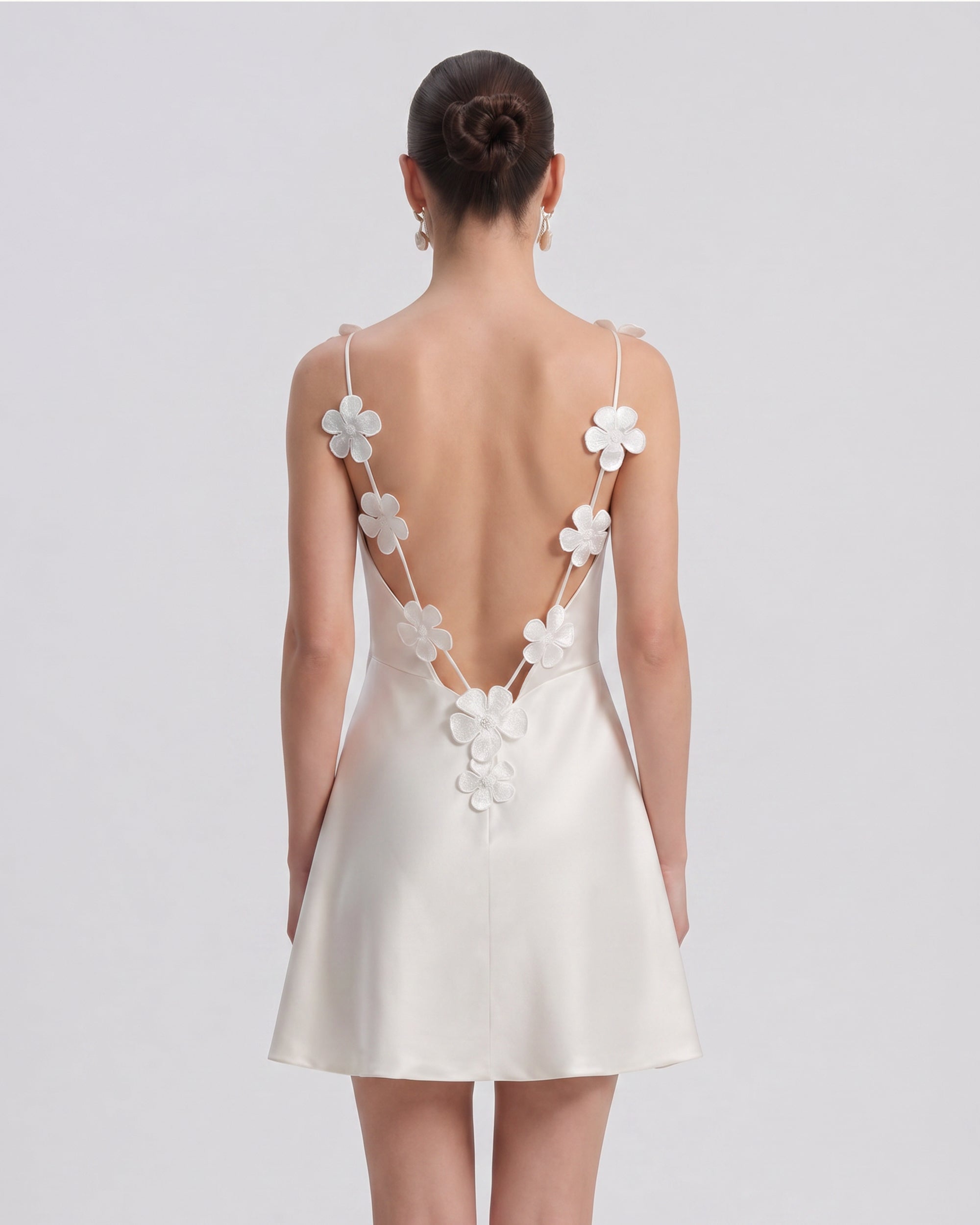 Floral Appliqué Open Back Mini Dress - White