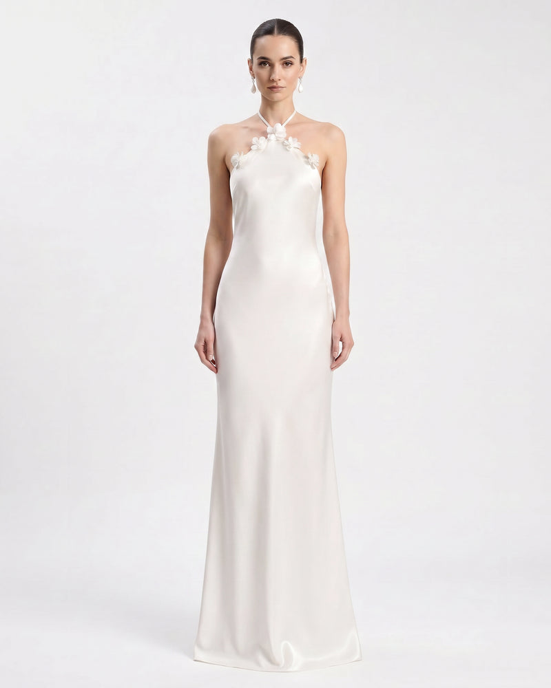Floral Appliqué Backless Halter Long Dress - White