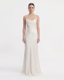 Floral Appliqué Lace-Up Back Long Dress - White