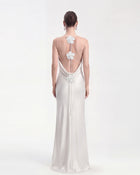 Floral Appliqué Asymmetric Slip Maxi Dress - White