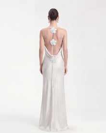 Floral Appliqué Asymmetric Slip Maxi Dress - White