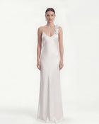 Floral Appliqué Asymmetric Slip Maxi Dress - White