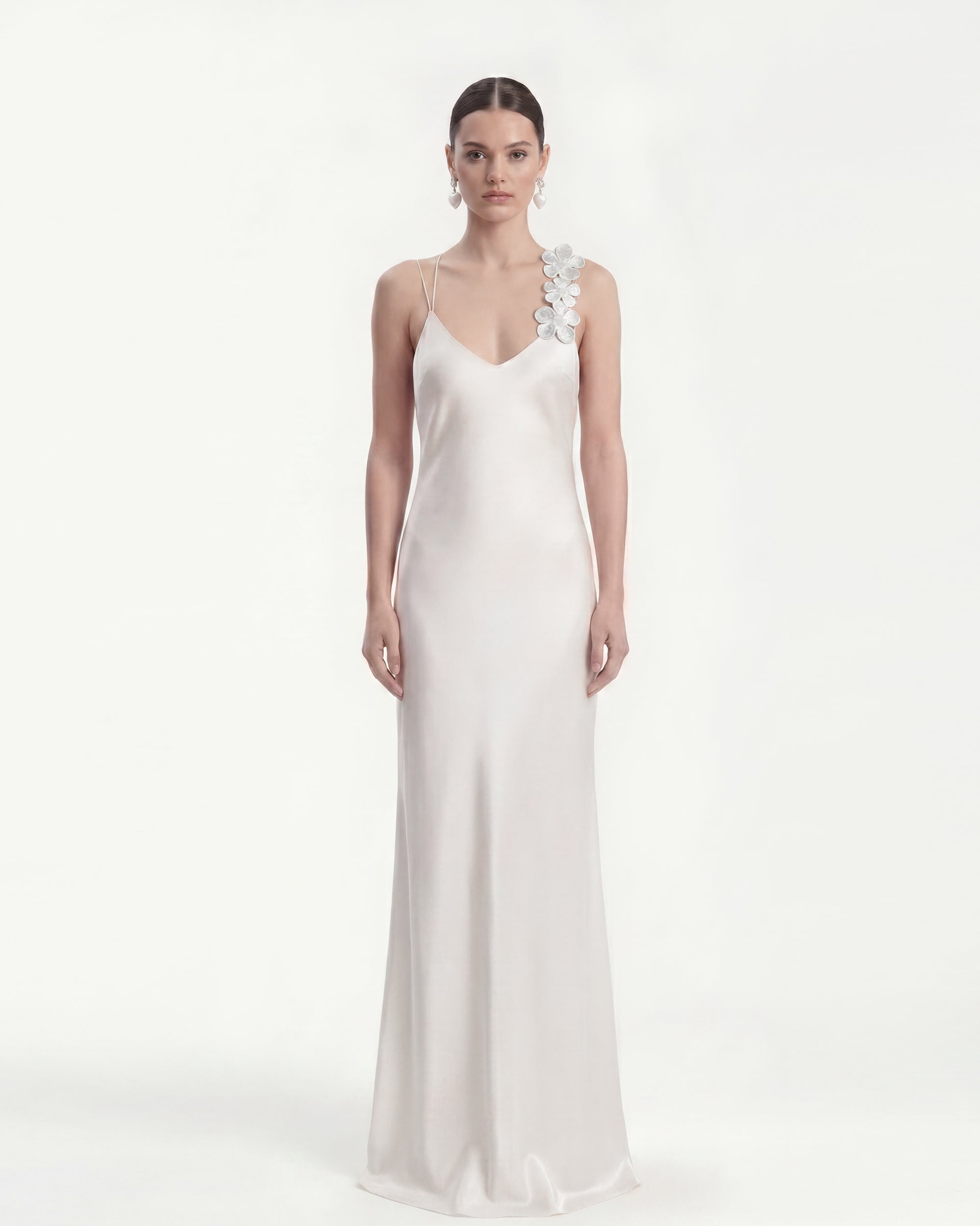 Floral Appliqué Asymmetric Slip Maxi Dress - White