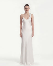 Floral Appliqué Asymmetric Slip Maxi Dress - White