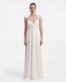 Floral Appliqué Empire Waist Maxi Dress - White