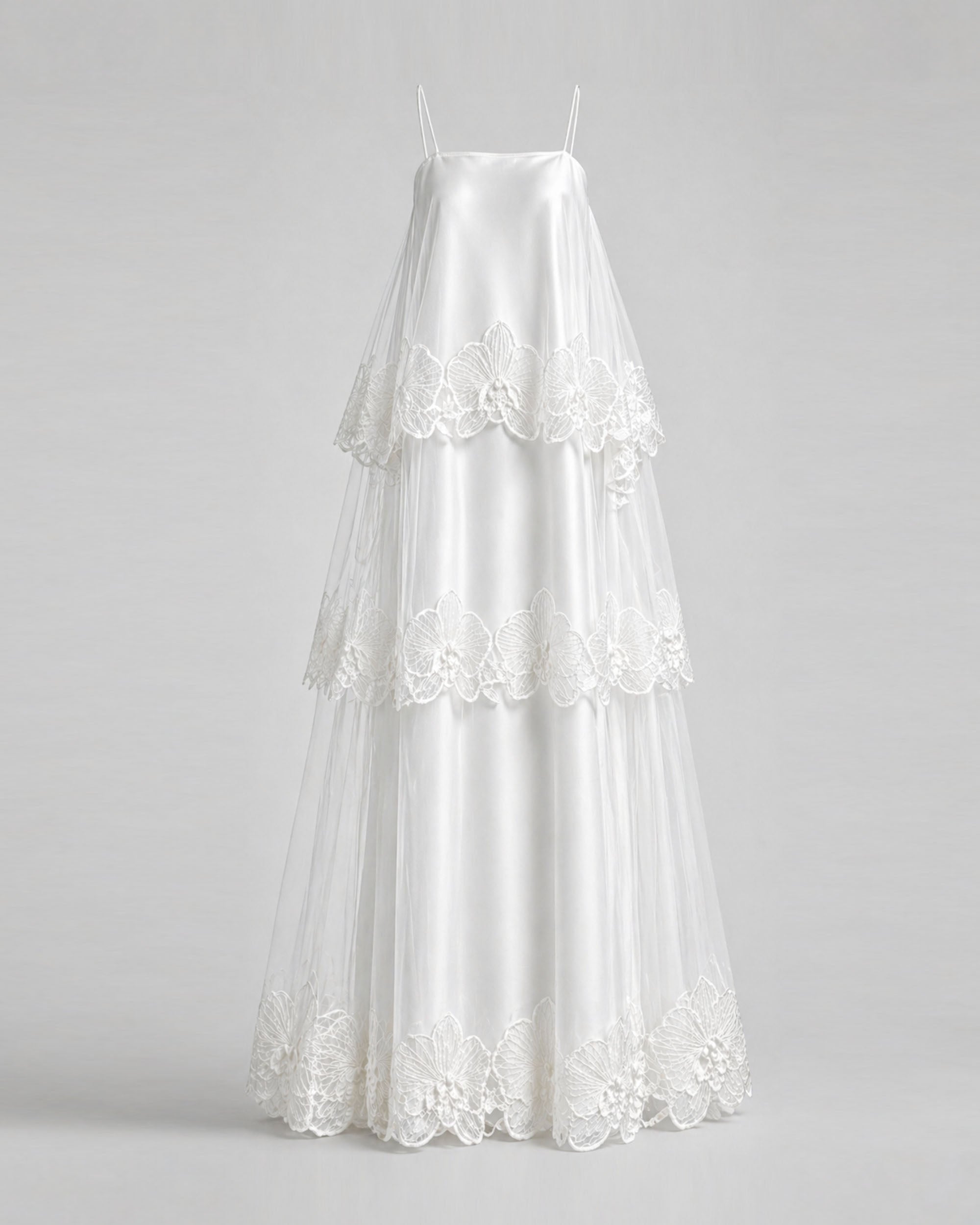 Orchid Embroidered Tiered Tulle Maxi Dress - White